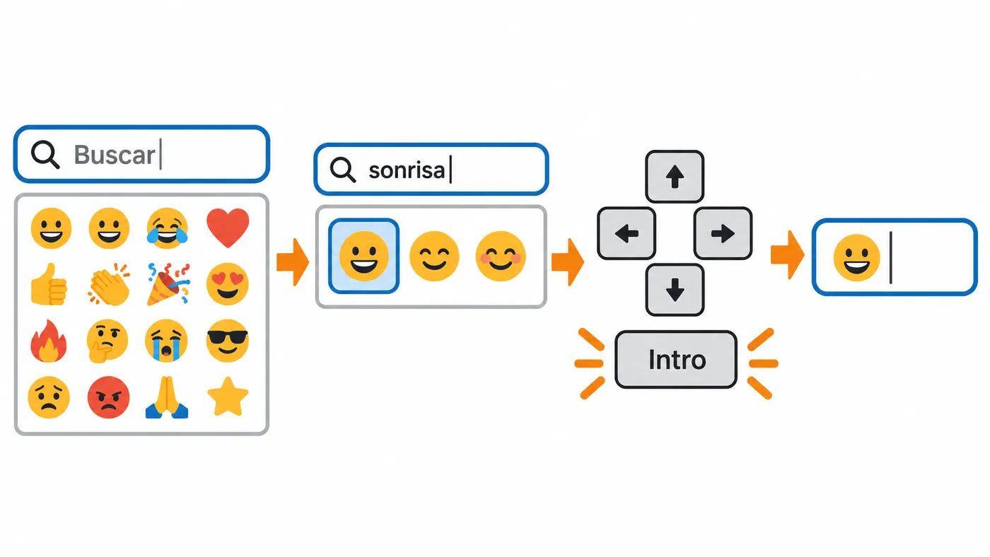La búsqueda filtra emojis y permite elegir uno con las flechas e insertarlo pulsando Intro.