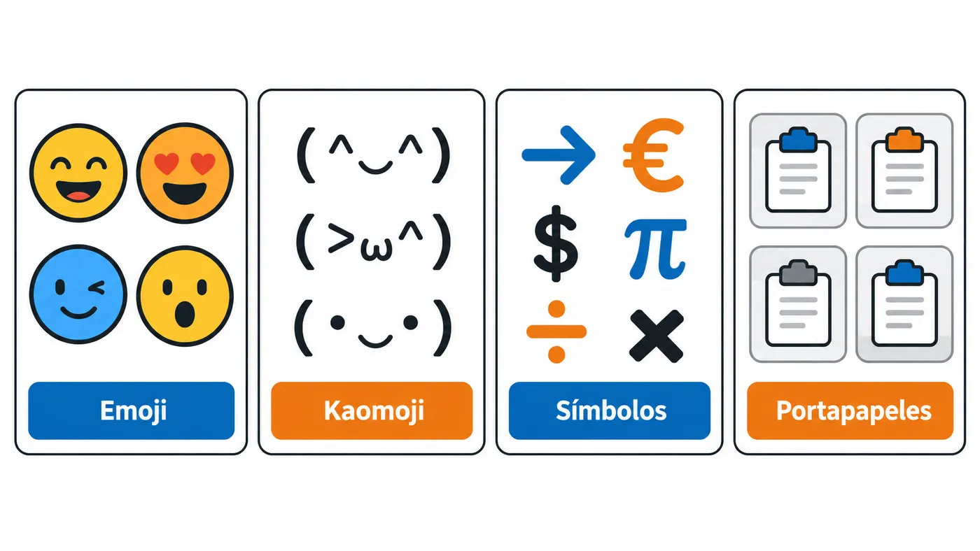 Cuatro tipos de contenido del panel: emojis, kaomojis, símbolos y elementos del portapapeles.