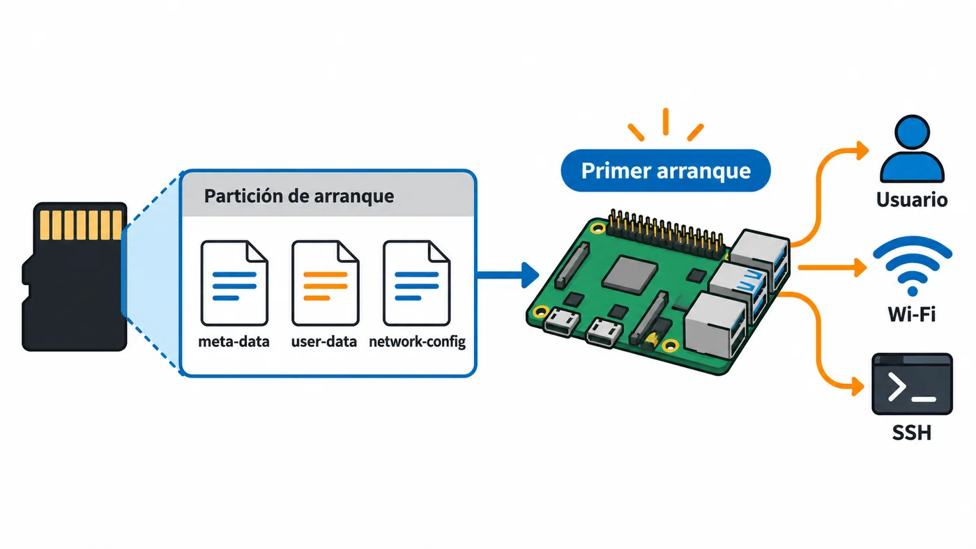 Archivos meta-data, user-data y network-config en la partición de arranque preparan usuario, Wi-Fi y SSH al iniciar Raspberry Pi OS.