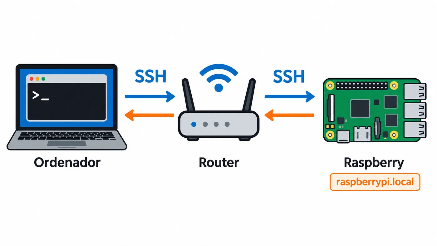 Ordenador y Raspberry intercambian tráfico SSH a través del router de la red local; se muestra el nombre raspberrypi.local.