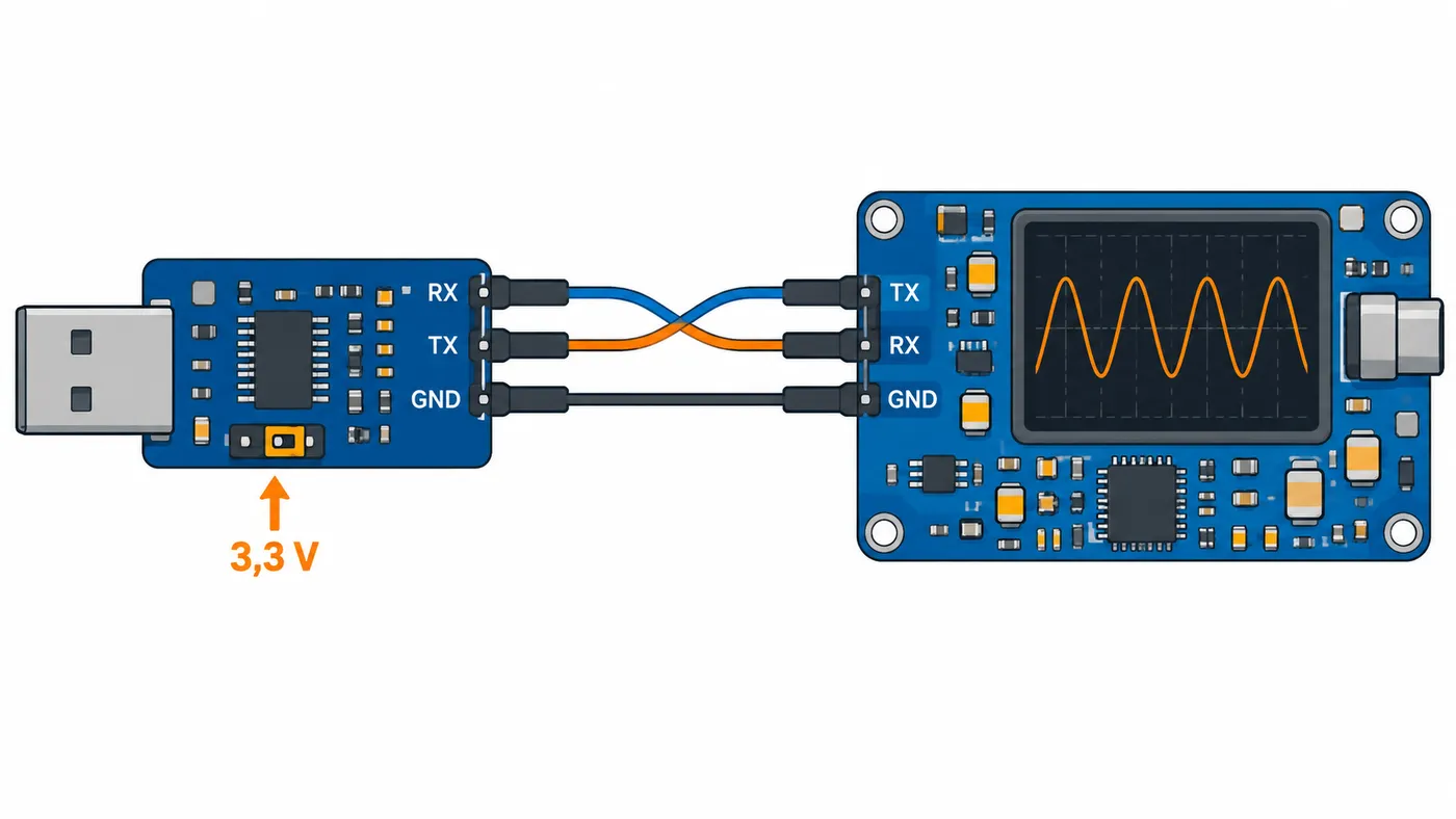 Conversor USB-serie conectado al DSO-150 con RX y TX cruzados, GND común y tensión de 3,3 V.
