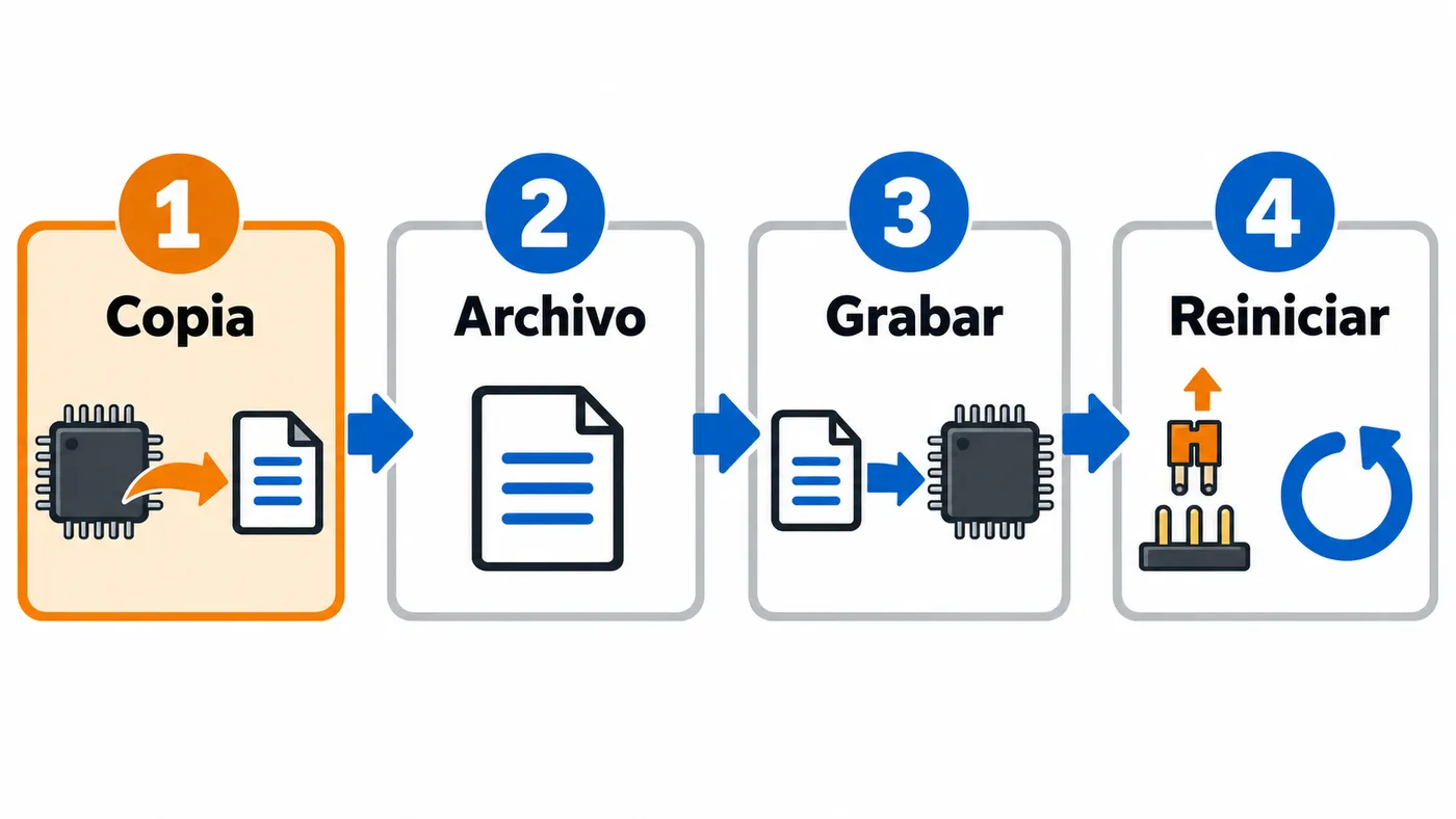 Flujo de actualización: guardar una copia, elegir el firmware, grabarlo y reiniciar el osciloscopio.