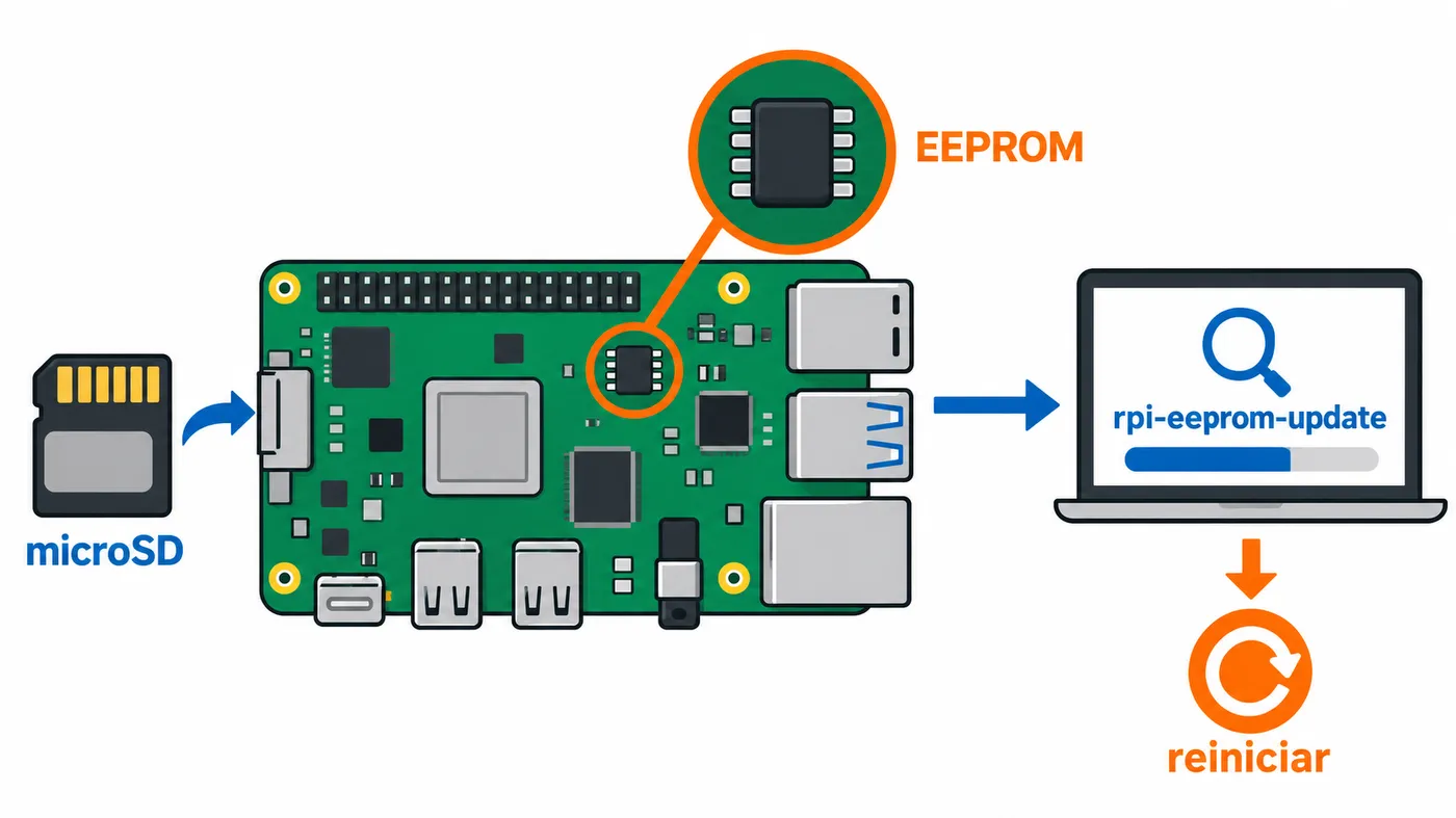 Placa genérica con la EEPROM del bootloader separada de la tarjeta microSD y comprobación mediante rpi-eeprom-update.
