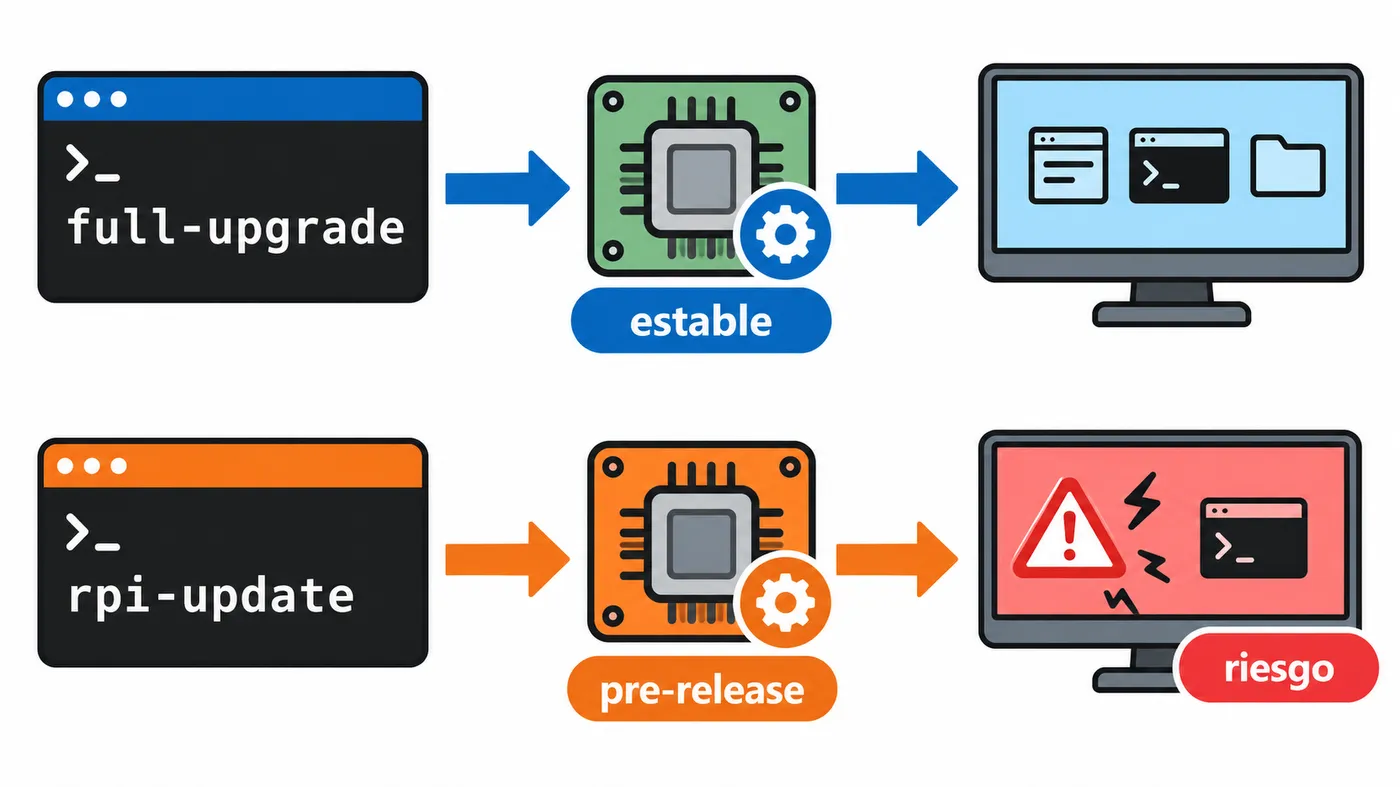 Comparación entre full-upgrade estable y rpi-update con kernel y firmware pre-release y riesgo de inestabilidad.