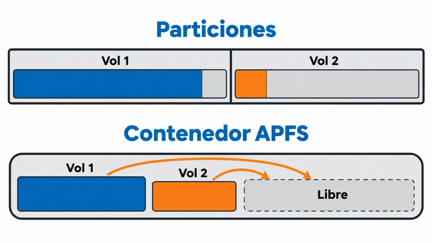 Contenedor APFS con varios volúmenes que comparten el mismo espacio libre en lugar de tener tamaños fijos