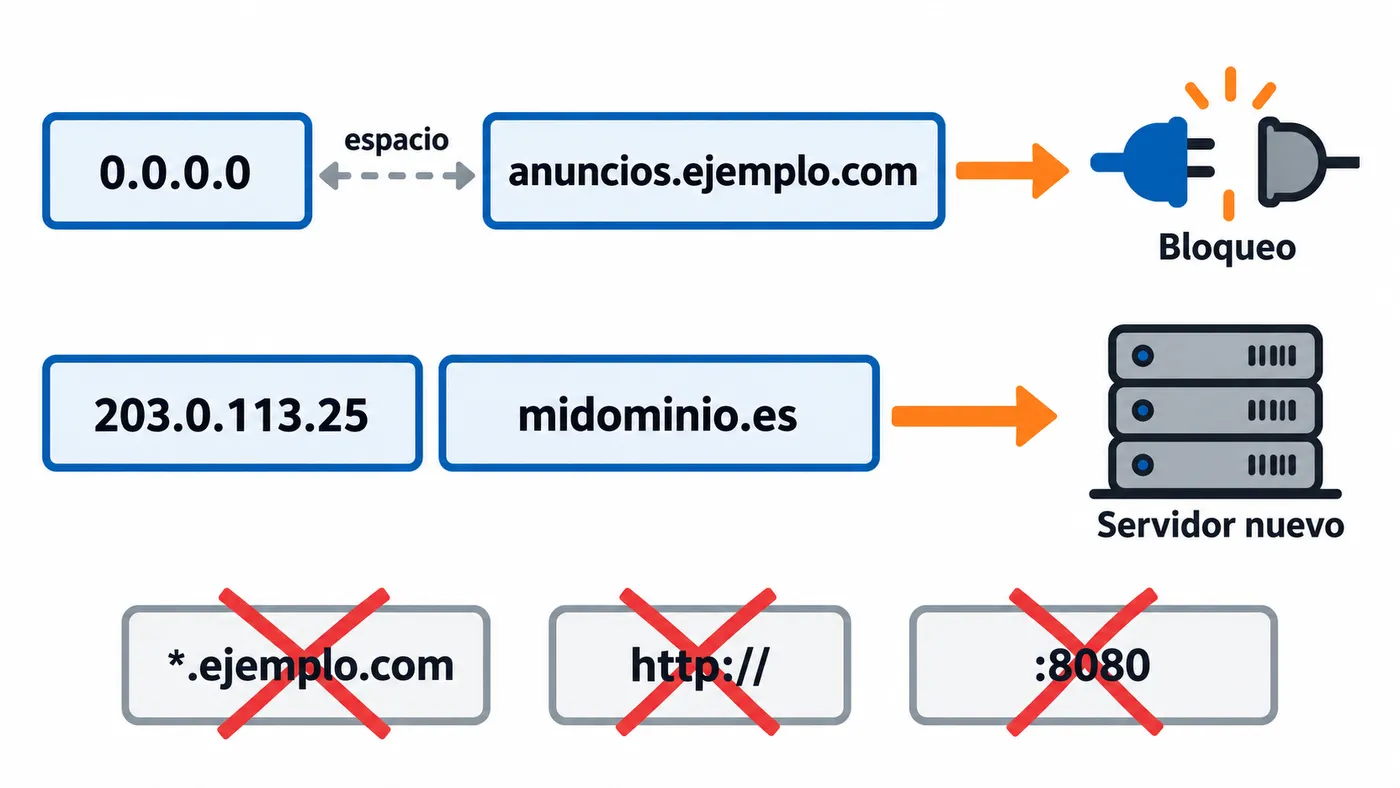 Formato de una línea del archivo hosts: IP, espacio y nombre; 0.0.0.0 bloquea y una IP real redirige el dominio