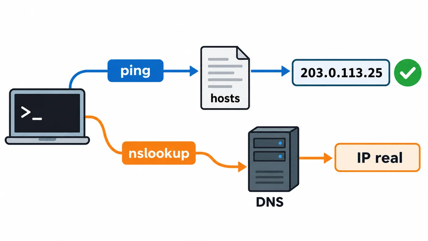 ping lee el archivo hosts y muestra la IP nueva; nslookup pregunta directamente al servidor DNS y se lo salta