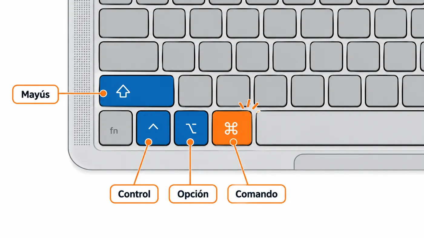 Fila inferior de un teclado de Mac con los símbolos de Control, Opción, Comando y Mayúsculas sobre cada tecla