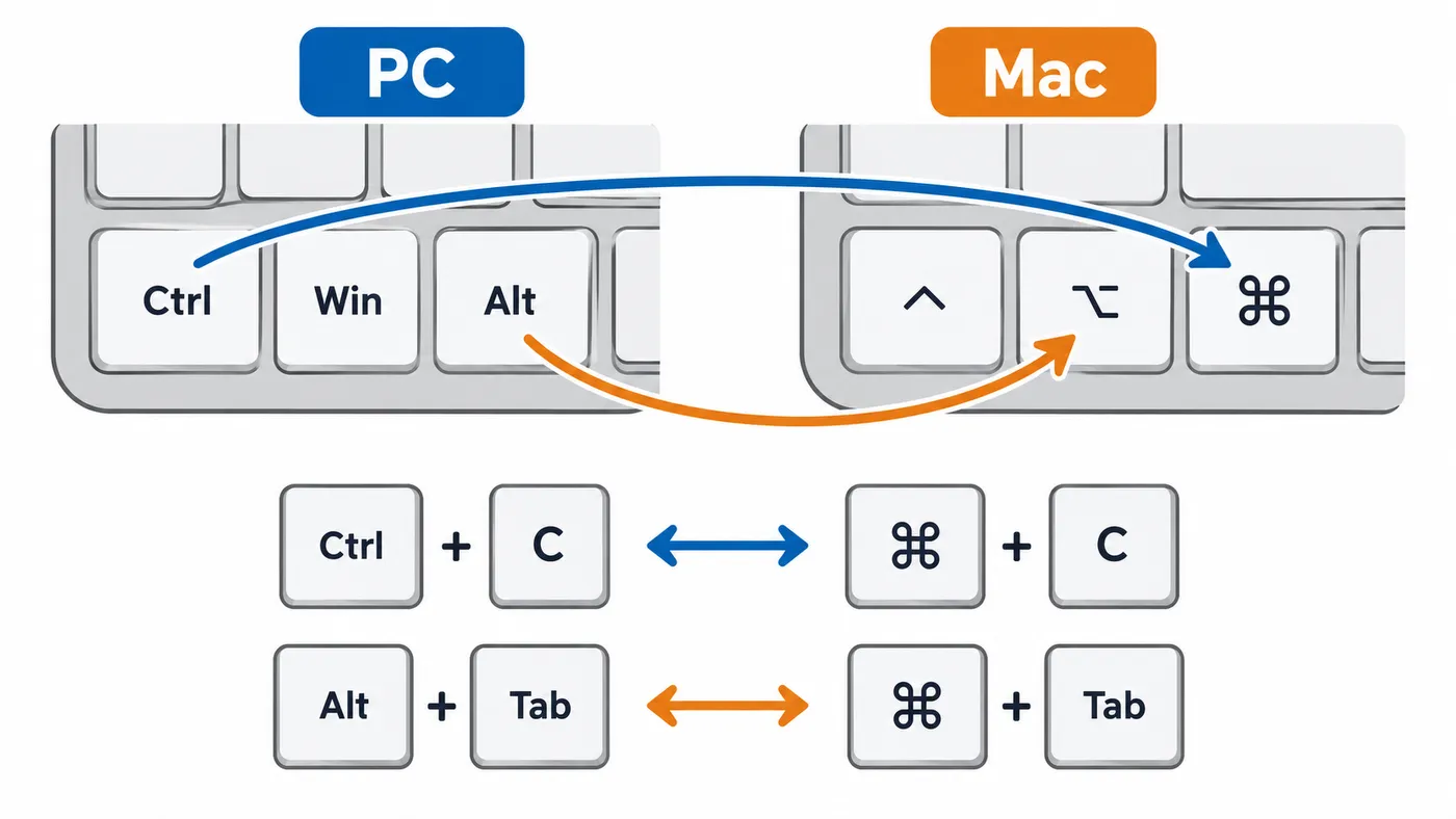 Equivalencias de teclas entre teclado de PC y teclado de Mac: Ctrl corresponde a Comando y Alt a Opción