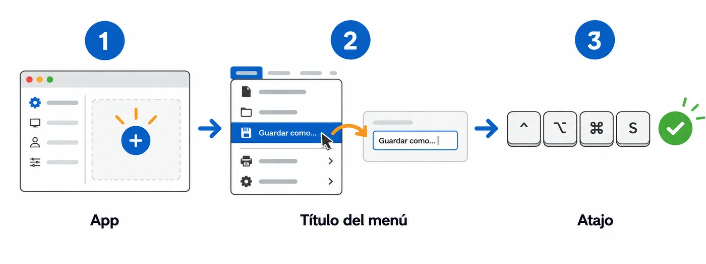 Pasos para crear un atajo en macOS: elegir la app, escribir el título exacto del menú y asignar la combinación de teclas