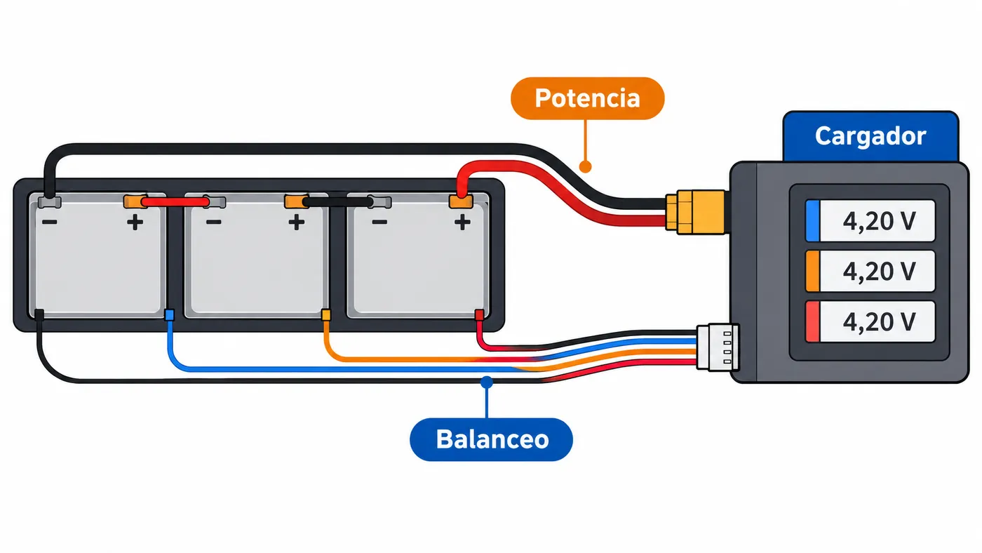 Batería LiPo 3S conectada al cargador por potencia y balanceo, con las tres celdas a 4,20 V.