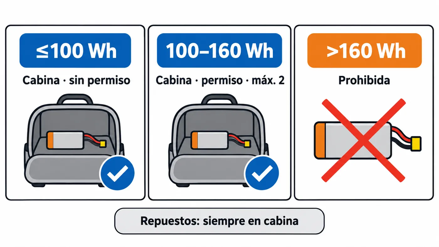 Límites para llevar baterías LiPo de repuesto en cabina según su energía en Wh.