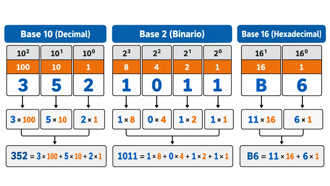 Comparación del valor posicional en decimal, binario y hexadecimal con sus sumas desarrolladas.