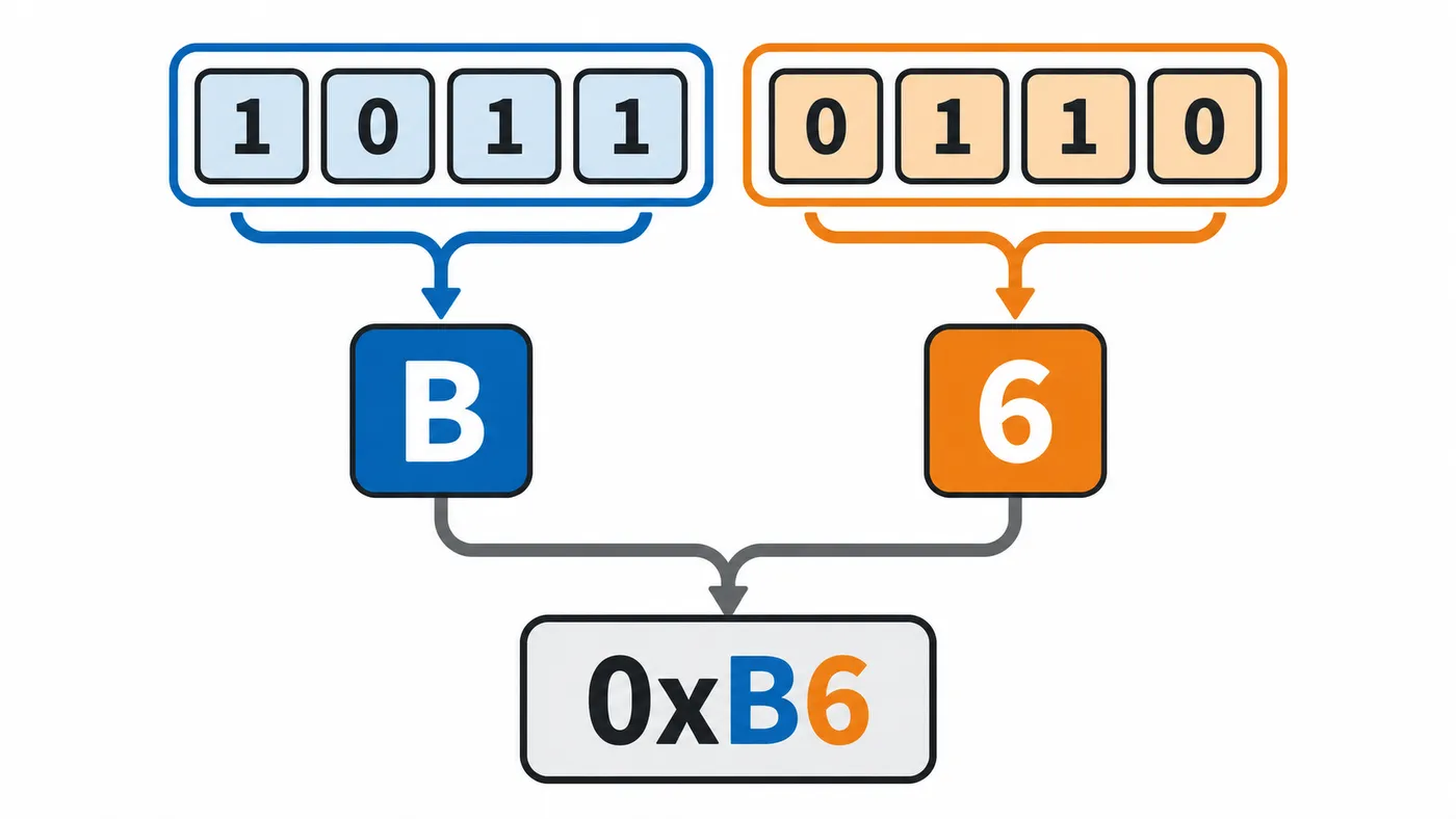 Los grupos binarios 1011 y 0110 se convierten en las cifras hexadecimales B y 6.