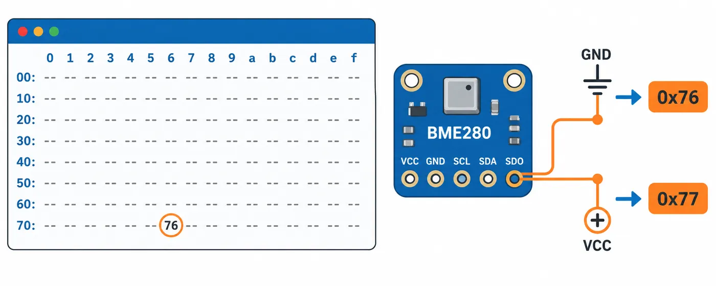 Rejilla de i2cdetect con el sensor detectado en la dirección 0x76, y el pin SDO que elige entre 0x76 y 0x77