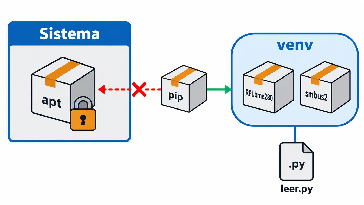 Pip instala librerías dentro de un entorno virtual aislado en lugar de mezclarlas con los paquetes del sistema