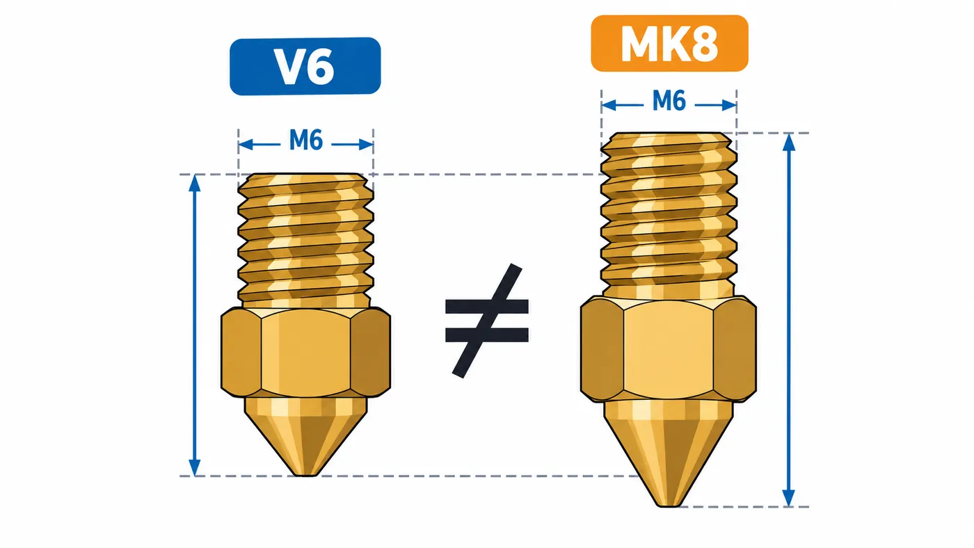 Comparación de perfil de una boquilla V6 y una MK8, ambas con rosca M6 pero con longitud y forma distintas