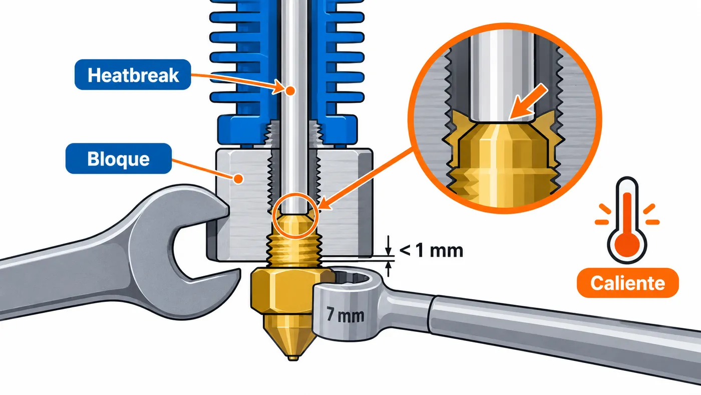 Hotend en sección: boquilla apretada contra el heatbreak dentro del bloque calefactor, con un pequeño hueco entre boquilla y bloque