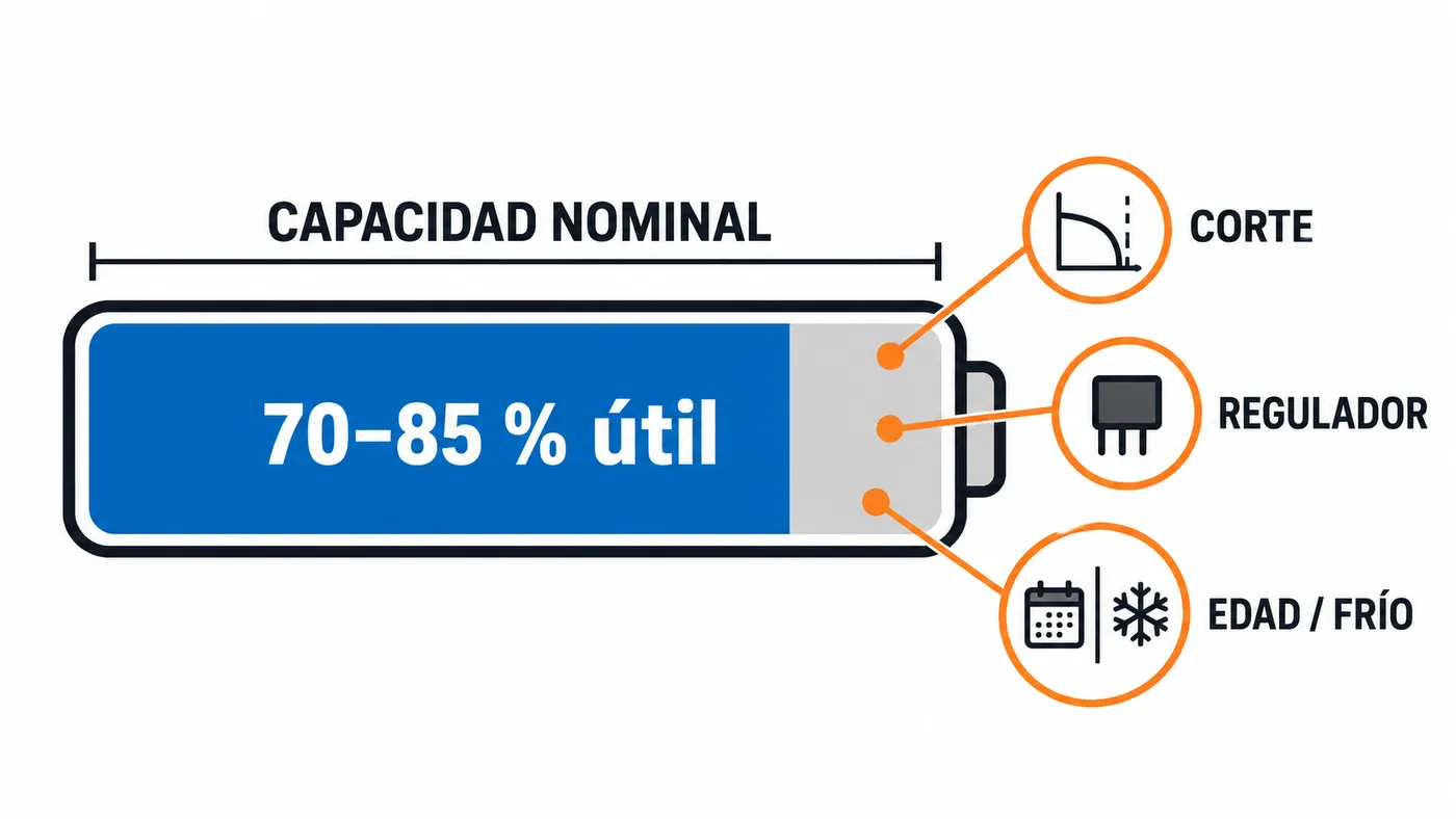 Batería con el 70–85 % de capacidad útil y factores que reducen la carga disponible: corte, regulador, edad y frío.