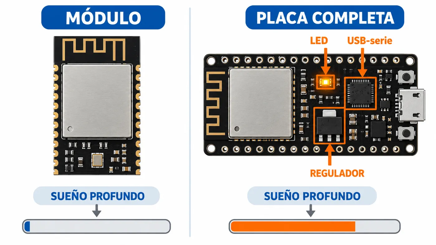 Comparación del consumo en sueño profundo entre un módulo ESP32 y una placa completa con LED, USB-serie y regulador.