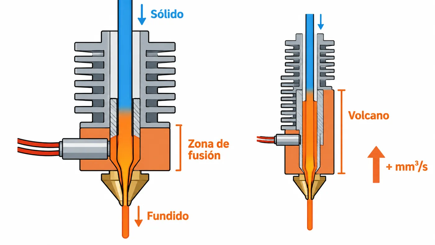 Sección de un hotend: el filamento sólido entra y debe fundirse en la zona caliente antes de salir por la boquilla