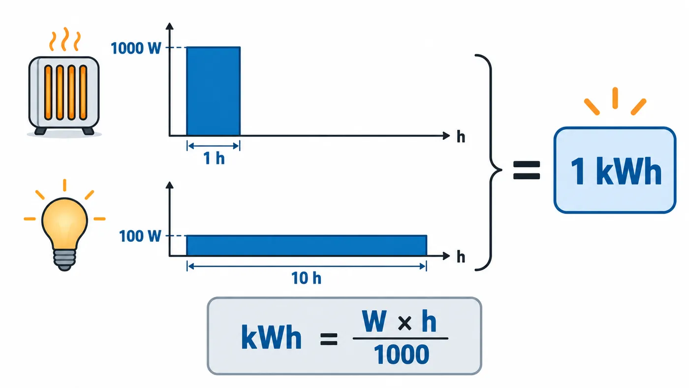 Comparación: 1000 W durante una hora y 100 W durante diez horas gastan la misma energía, 1 kWh