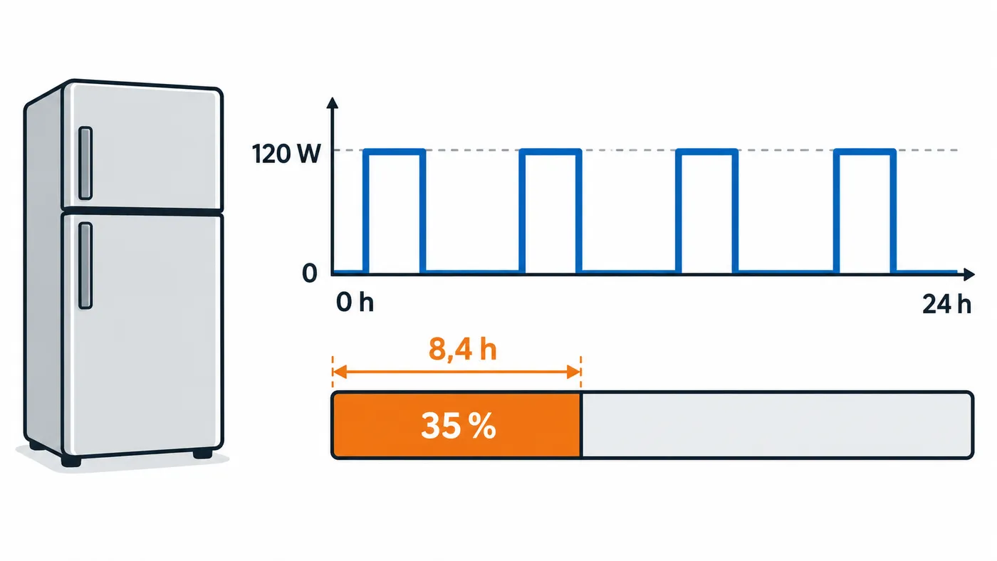 Gráfica del compresor del frigorífico encendiéndose y apagándose: un 35 % del día equivale a 8,4 horas a 120 W