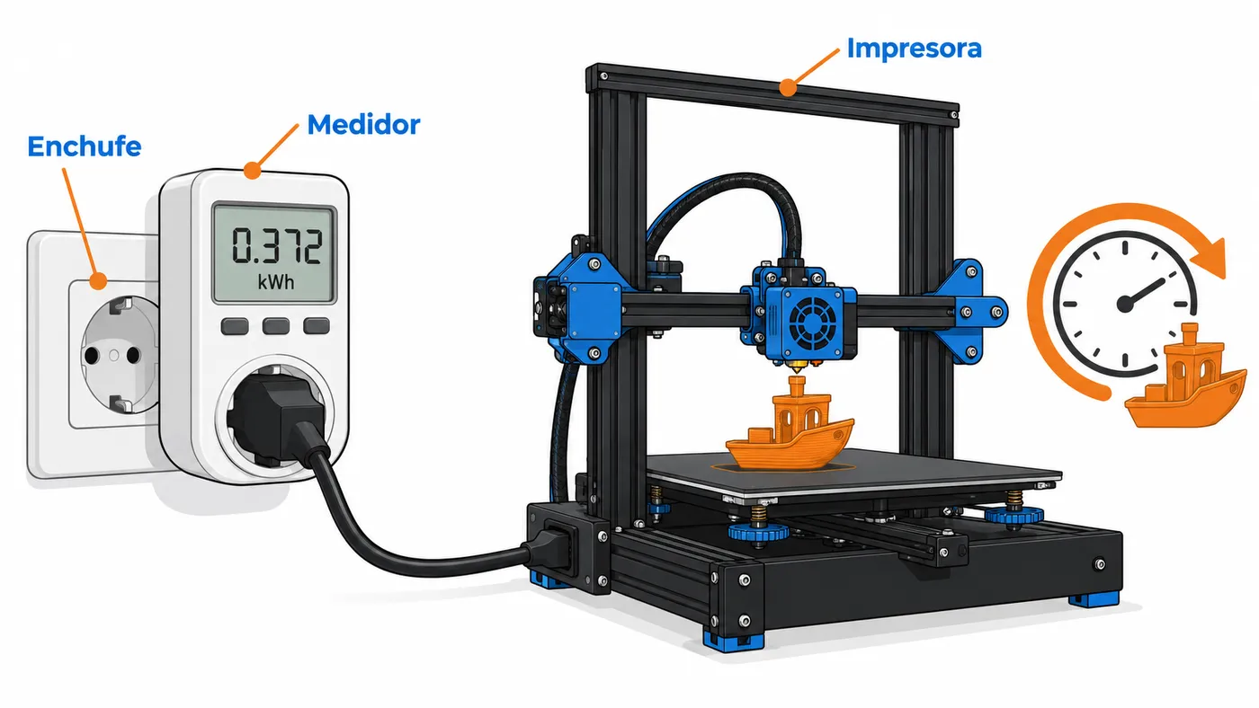Impresora 3D conectada a un medidor entre el enchufe y la máquina para registrar los kWh.