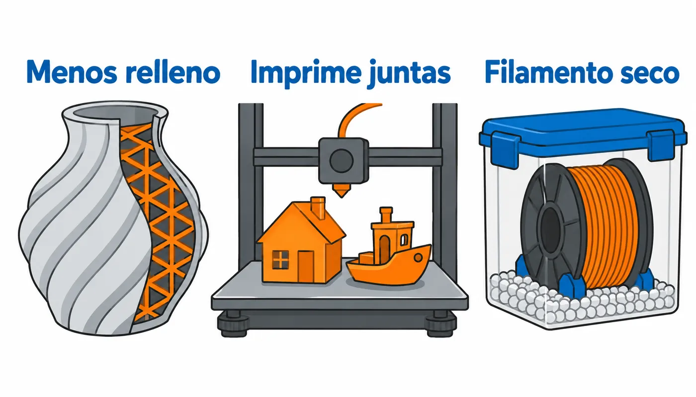 Tres formas de ahorrar: reducir relleno cuando sea adecuado, imprimir varias piezas juntas y secar el filamento.