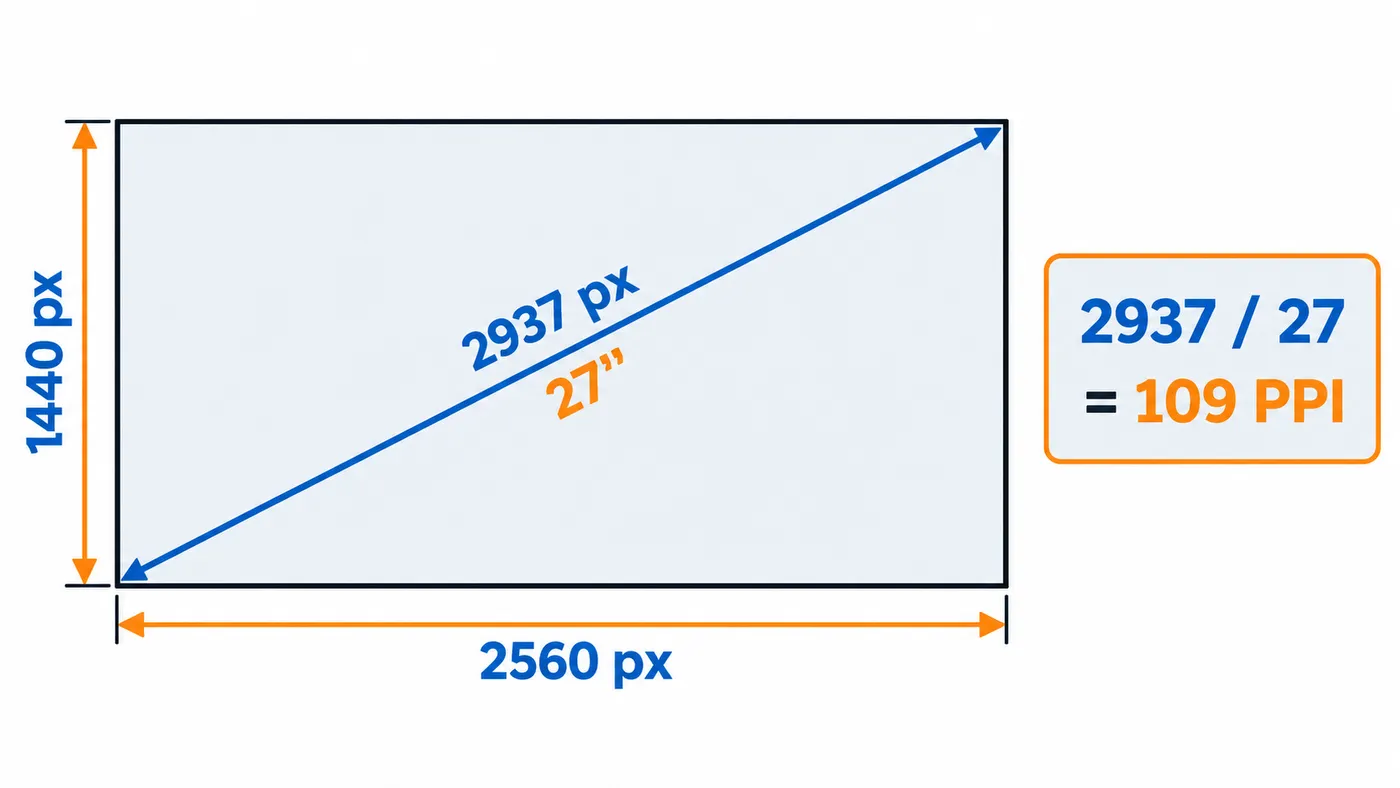 Triángulo de la pantalla con ancho, alto y diagonal en píxeles, dividida entre la diagonal en pulgadas para obtener el PPI