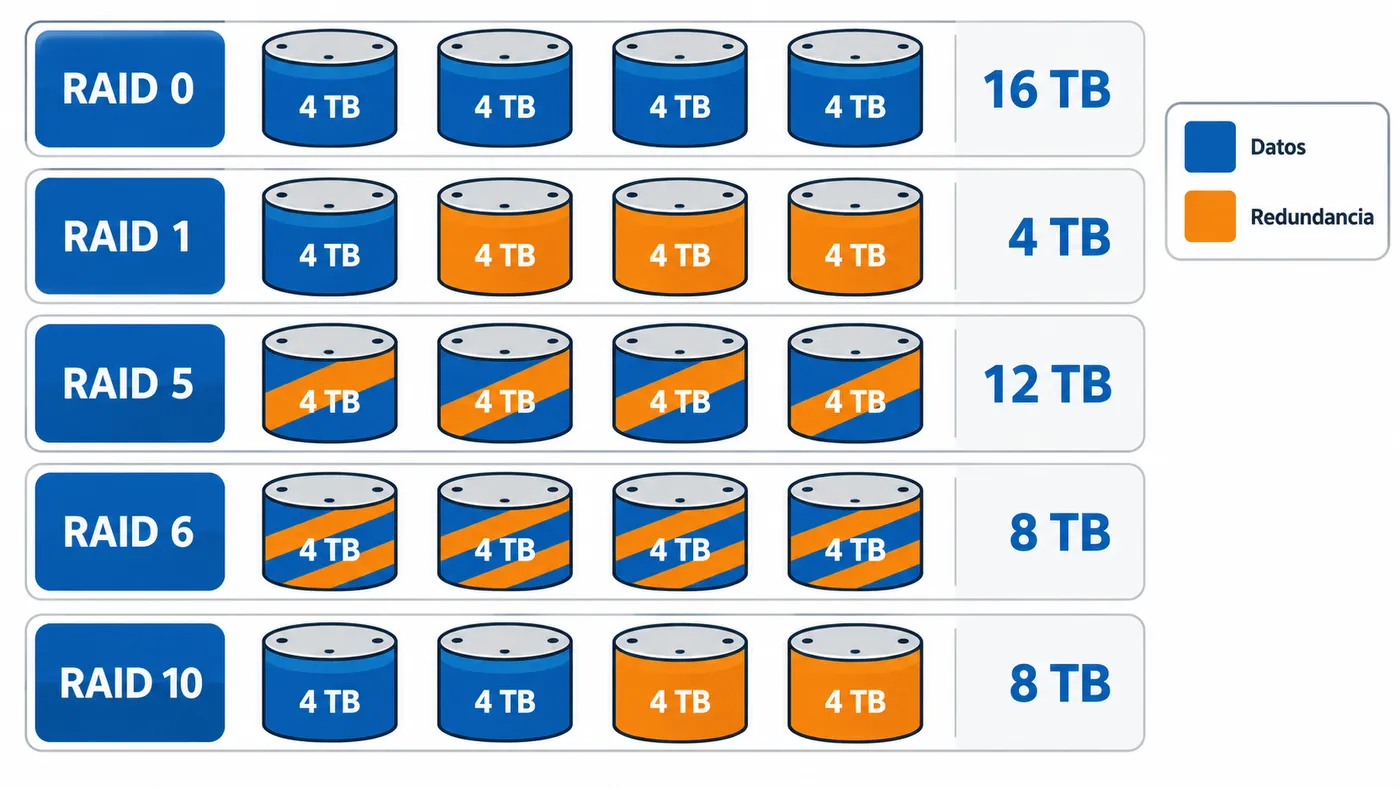 Cuatro discos de 4 TB repartidos entre datos y redundancia en RAID 0, 1, 5, 6 y 10