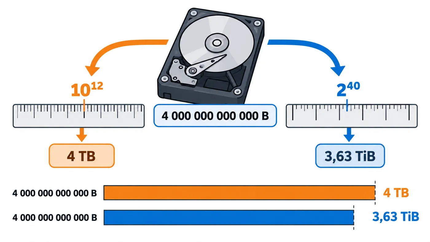 Mismo disco de 4 billones de bytes medido en TB decimales por el fabricante y en TiB binarios por Windows