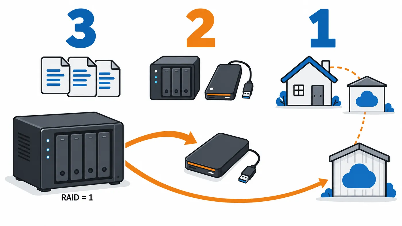 Regla 3-2-1: tres copias de los datos en dos soportes distintos y una fuera de casa, con el RAID como una sola copia