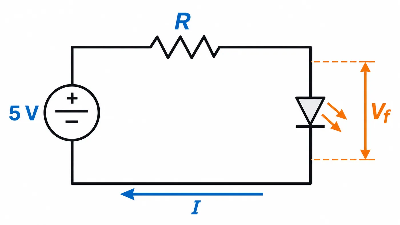 Circuito en serie con una fuente de 5 V, una resistencia y un LED; se señalan la corriente y la tensión directa.