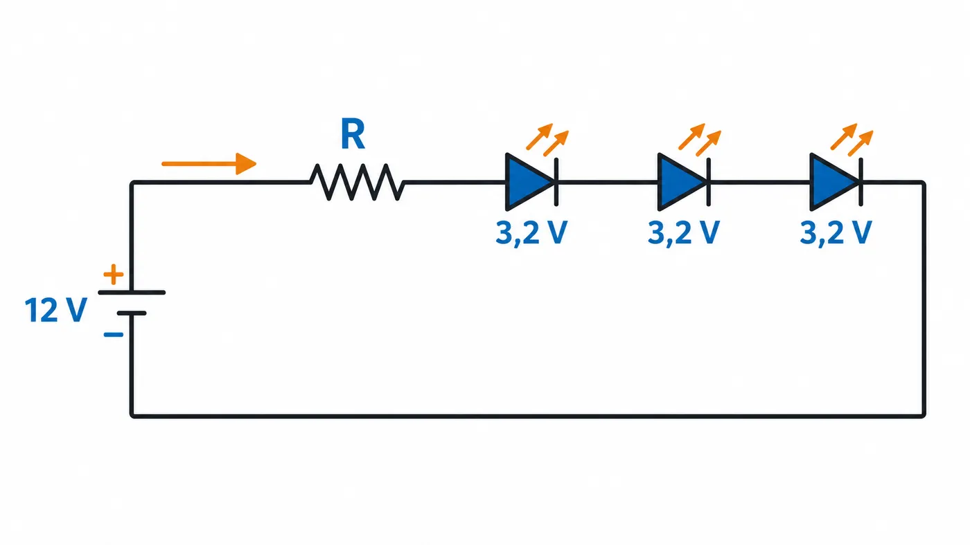 Tres LED de 3,2 V y una resistencia conectados en serie a una fuente de 12 V.