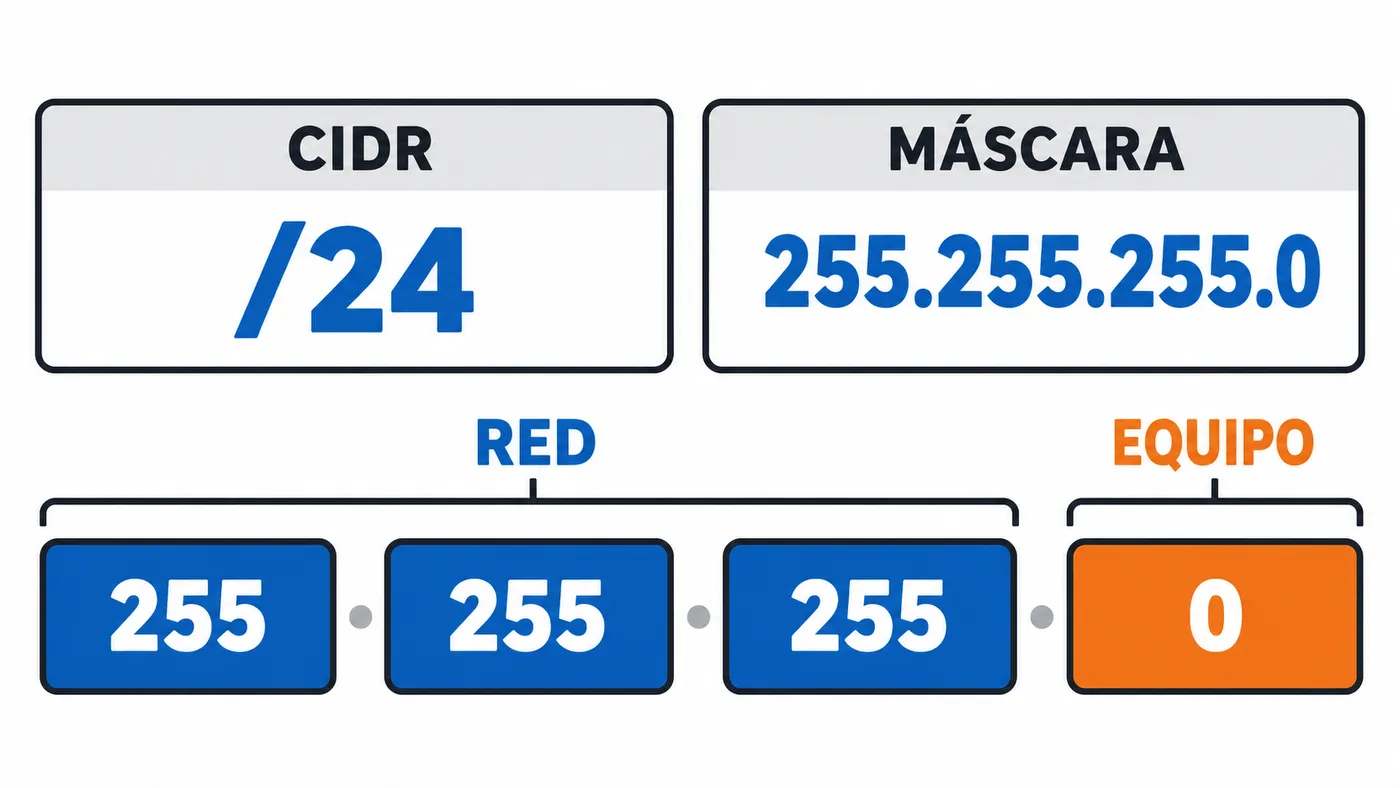 Equivalencia entre el prefijo CIDR /24 y la máscara 255.255.255.0, con sus partes de red y equipo.