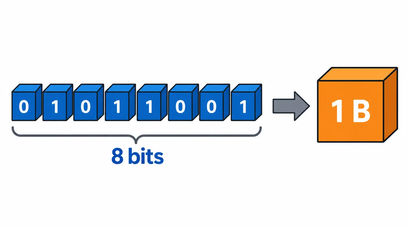 Ocho bits se agrupan para formar un byte: 8 bits equivalen a 1 B.