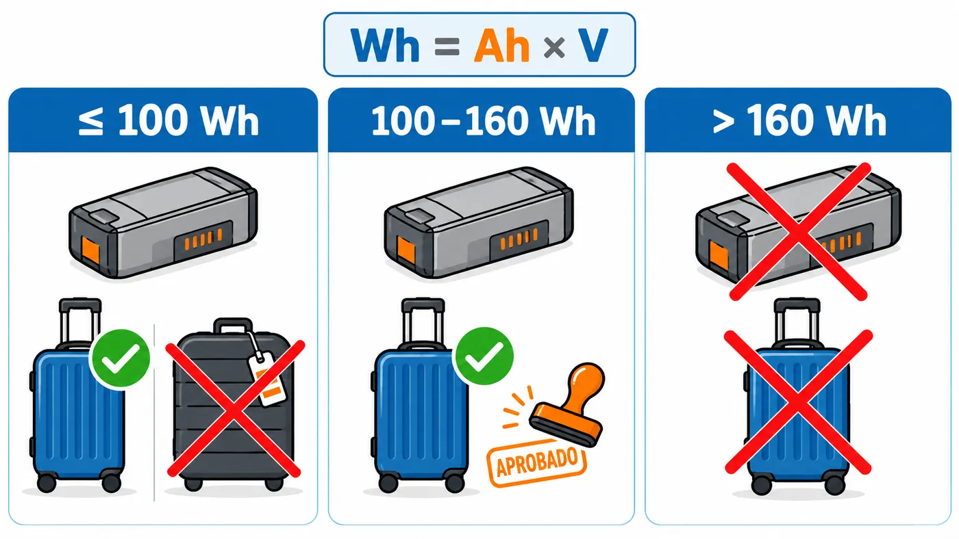 Tres zonas de baterías para avión: hasta 100 Wh en cabina, de 100 a 160 Wh con aprobación y más de 160 Wh prohibido