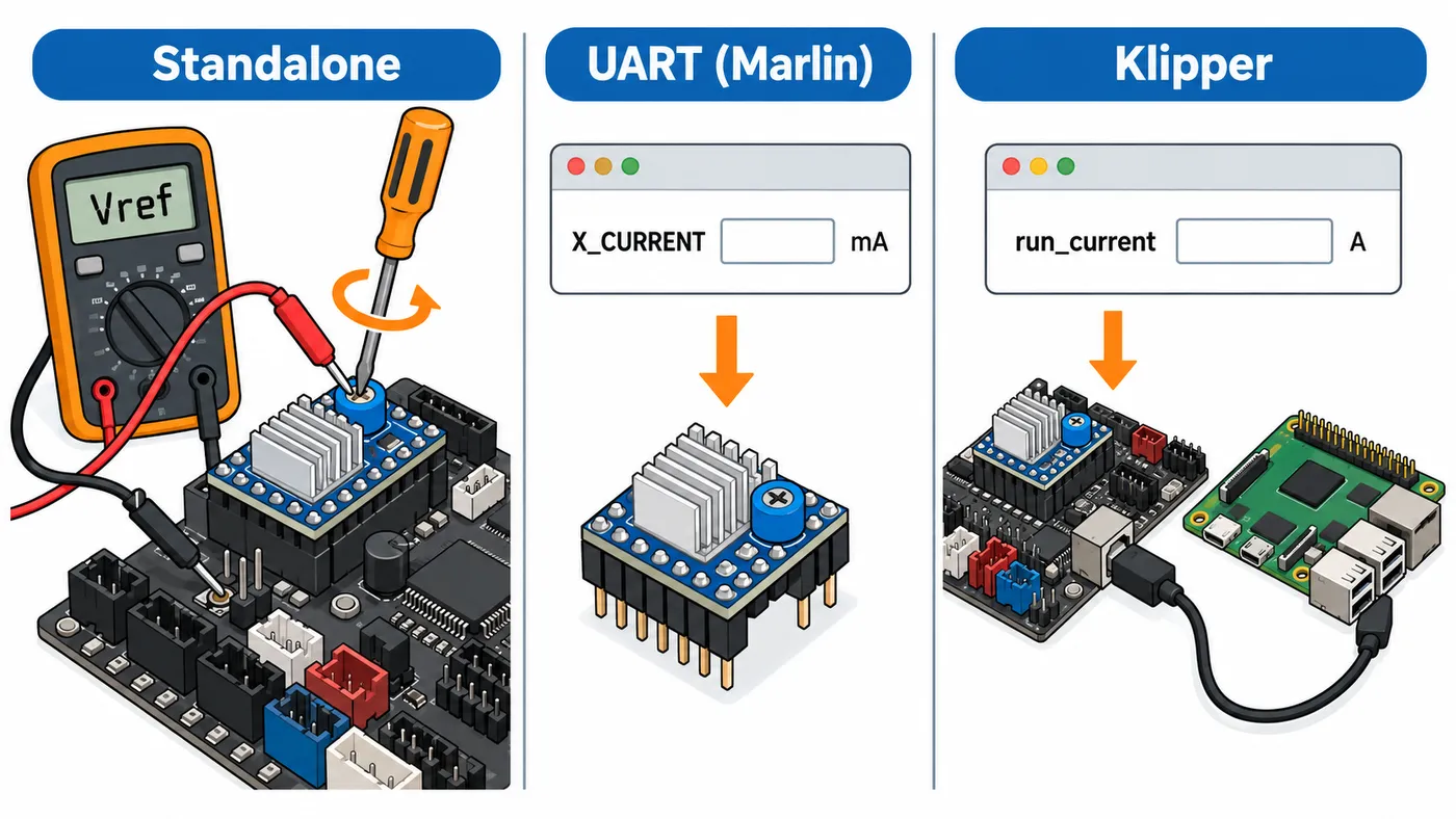 Comparación del ajuste de corriente por potenciómetro en standalone y por firmware en UART o Klipper.