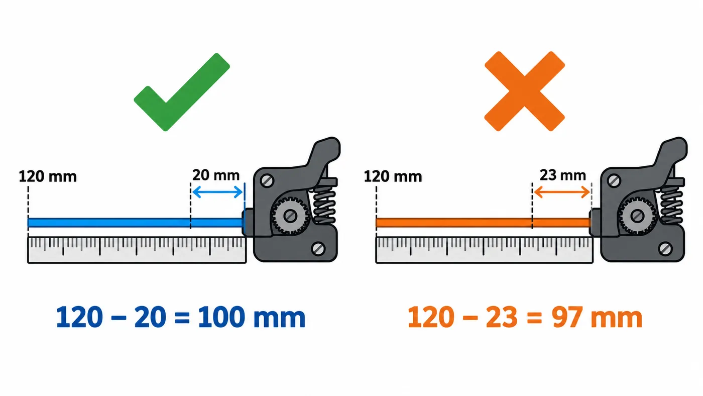 Comparación: quedan 20 mm tras extruir 100 mm o 23 mm si solo se extruyeron 97 mm.