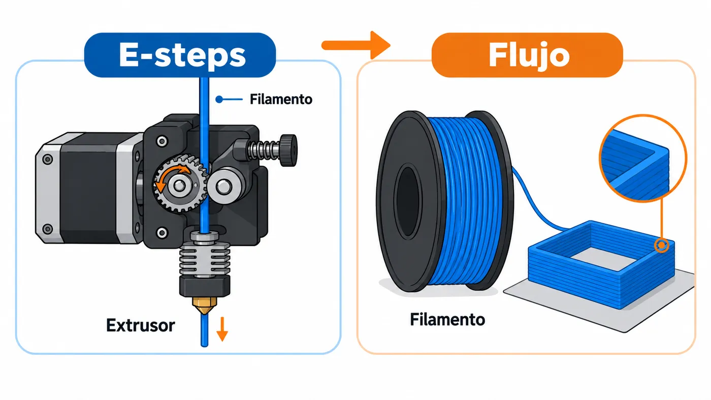 E-steps ajusta la mecánica del extrusor; el flujo se calibra para cada filamento con una pieza de prueba.