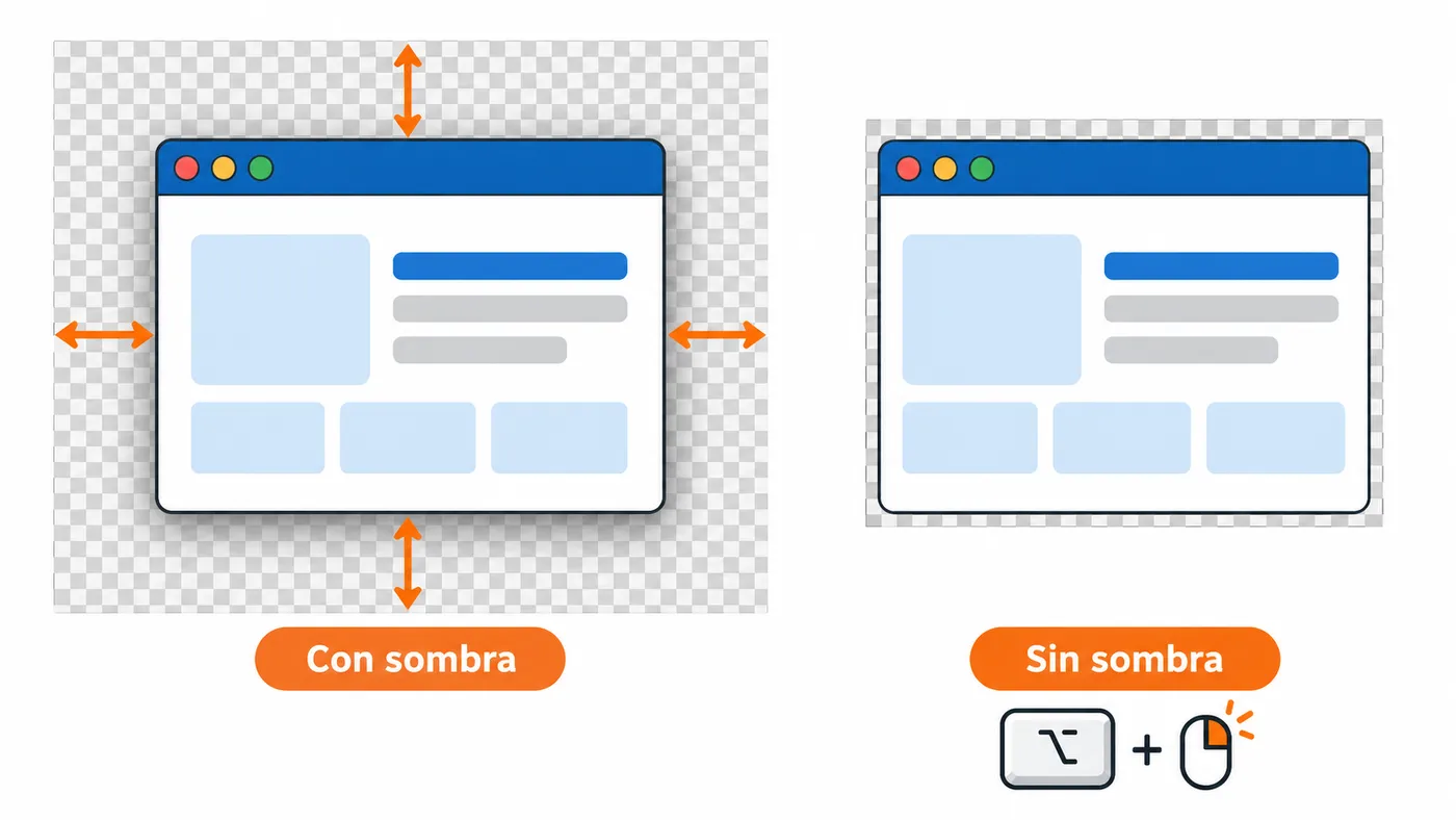 Comparación de la misma ventana capturada con sombra y margen transparente y sin sombra al mantener Opción