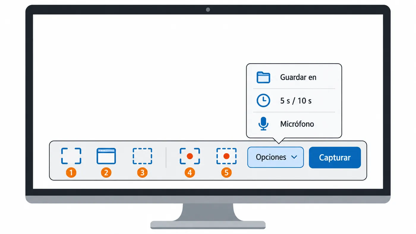 Barra del panel de captura de macOS con botones para capturar pantalla, ventana o zona, grabar vídeo y Opciones