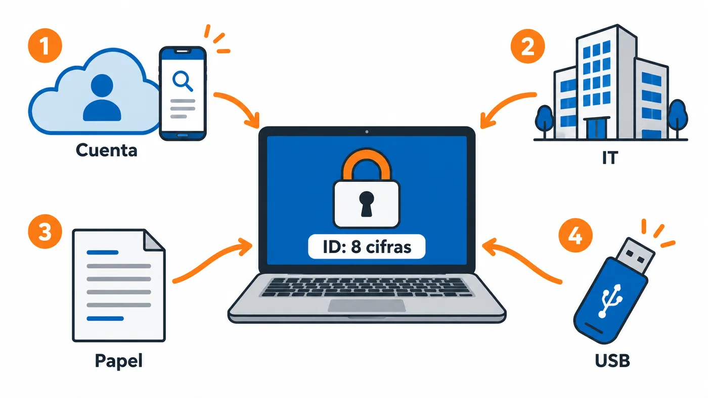 Dónde buscar la clave: cuenta Microsoft, cuenta de empresa o IT, papel impreso o pendrive; se identifica por las 8 primeras cifras