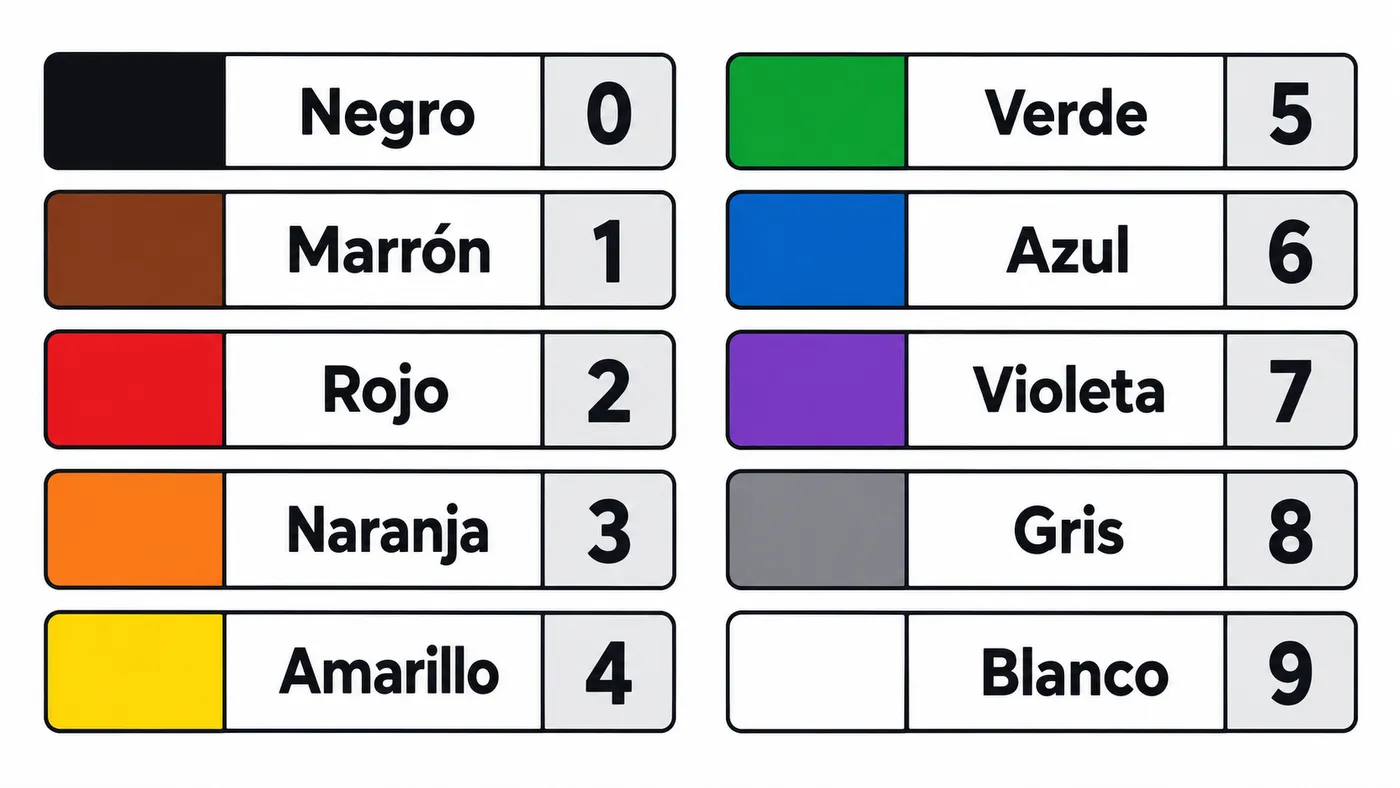Muestras de los diez colores del código de resistencias junto a su cifra correspondiente, del 0 al 9.