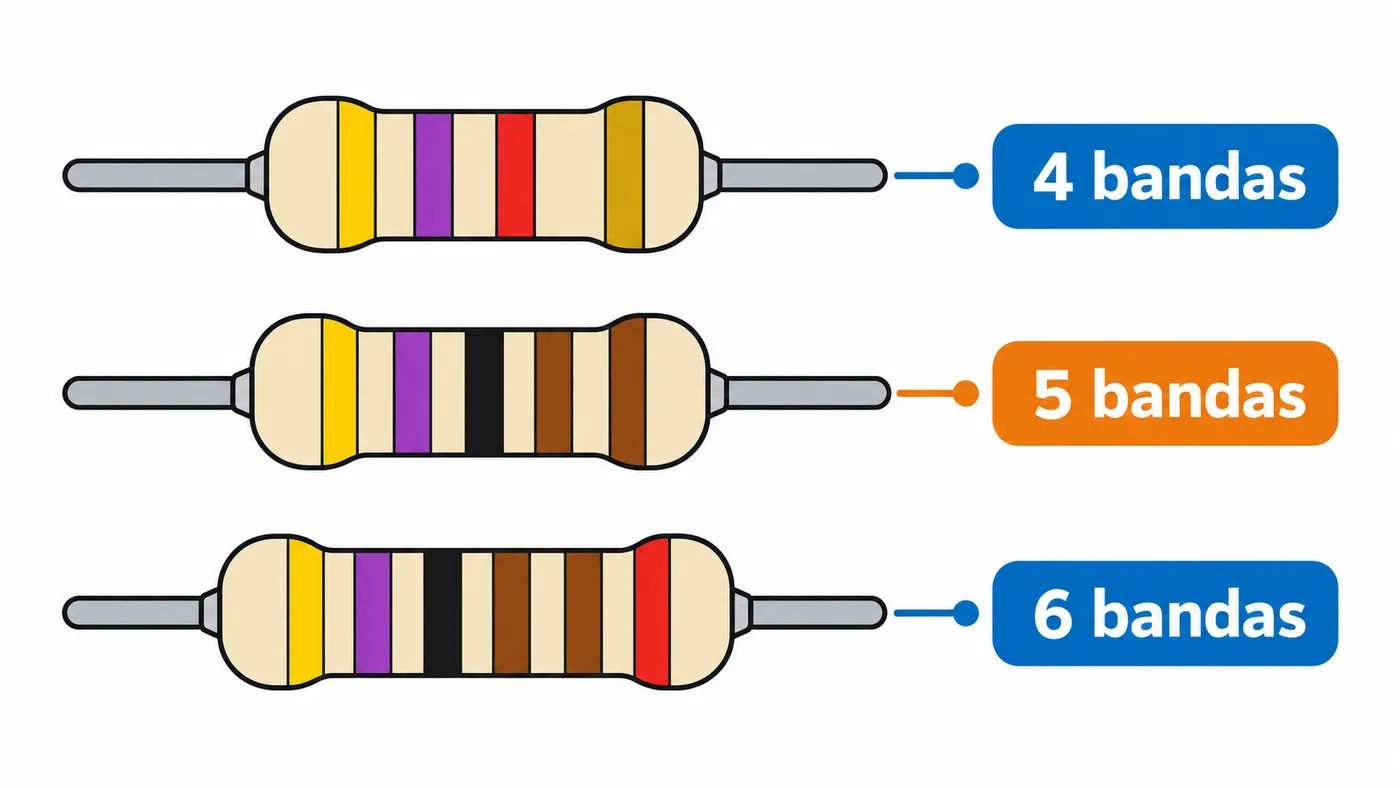 Tres resistencias de 4,7 kΩ: amarillo-violeta-rojo-dorado (4 bandas), amarillo-violeta-negro-marrón-marrón (5 bandas) y la misma con una sexta banda de coeficiente de temperatura.