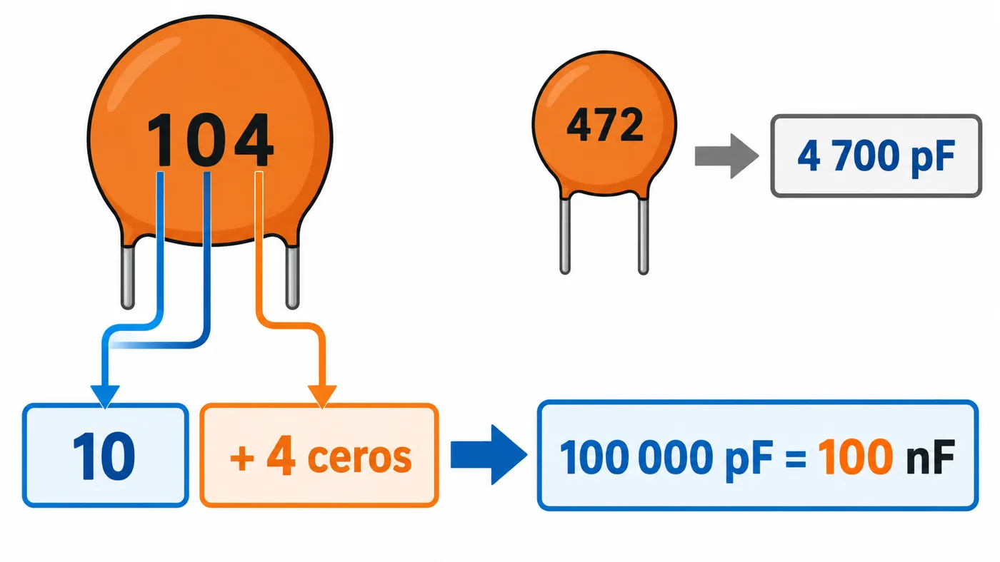 Desglose visual de 104 en 10 y cuatro ceros, con el resultado 100 000 pF = 100 nF; ejemplo 472 = 4 700 pF.