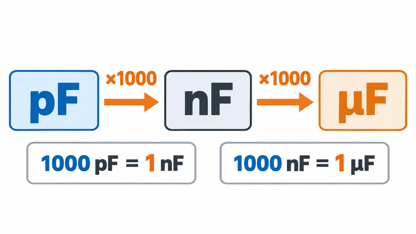 Escala de capacidad de pF a nF y µF, con equivalencias de 1000 pF = 1 nF y 1000 nF = 1 µF.