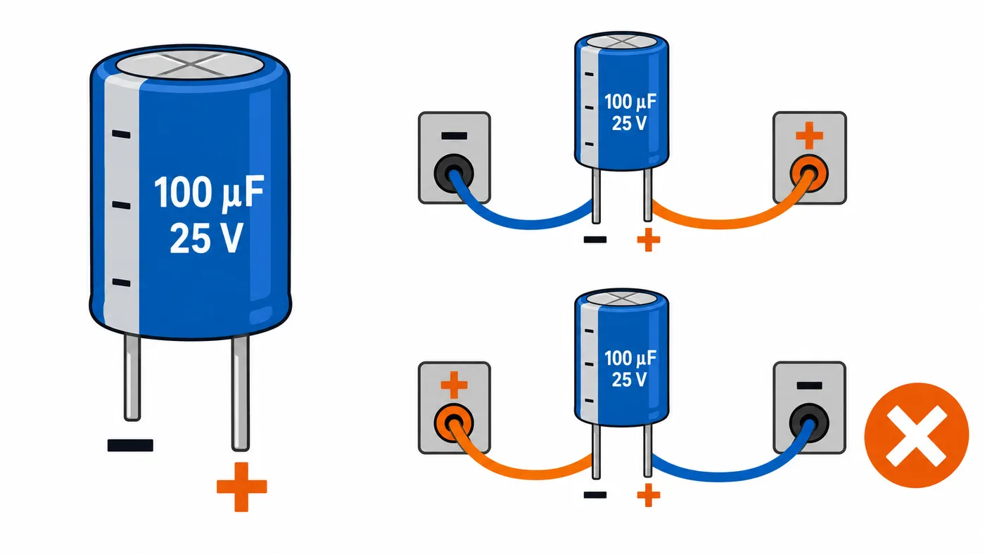 Condensador electrolítico de 100 µF y 25 V con su franja negativa y ejemplos de conexión correcta e invertida.