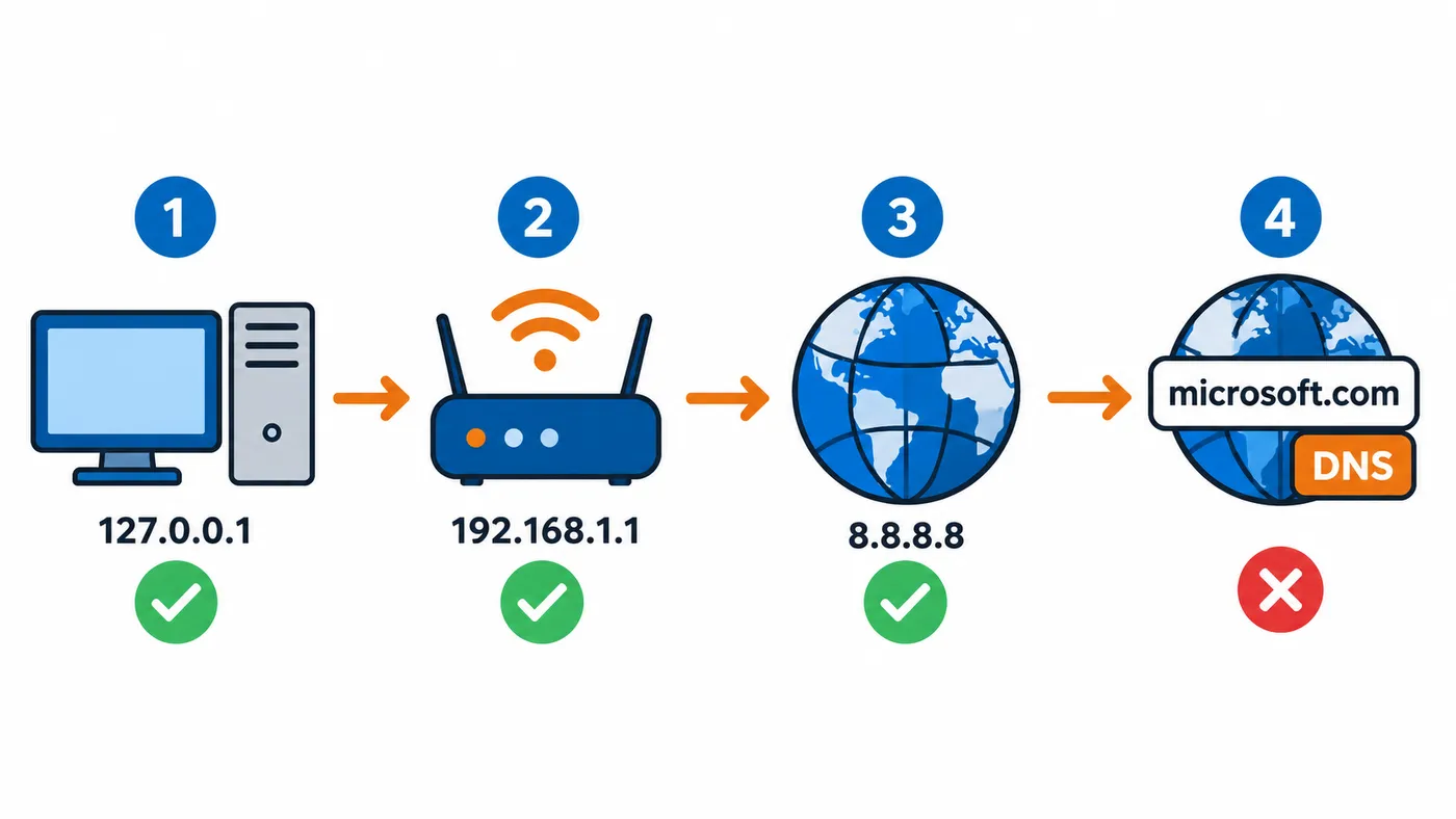 Secuencia de ping en cuatro pasos: 127.0.0.1, puerta de enlace, 8.8.8.8 y un nombre; el primero que falla señala el problema